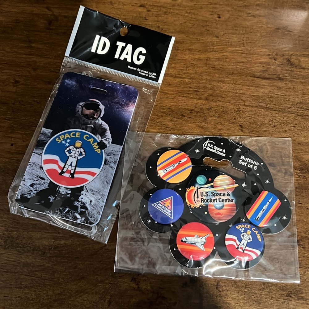 Space camp luggage ID tag and buttons